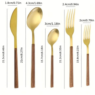 wooden handle cutlery durable stainless steel dining flatware wood grain set view