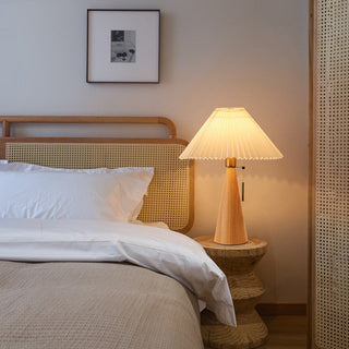 Elegant lamp pleated shade illuminated — warm cozy glow
