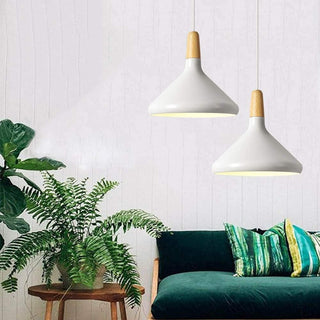 Conical pendant lamp showing colorful metal finish