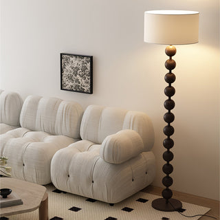 Medieval wooden barbell lamp side — LED fabric shade warm