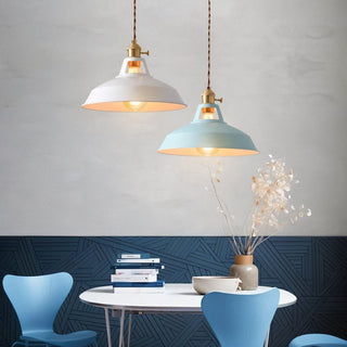 Round iron pendant side view — colorful kitchen island fixture
