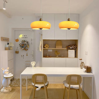 Round glass Bauhaus pendant lamp — vintage dining room