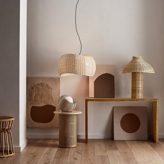 Rattan lampshade with woven wicker shade and chrome hardware