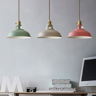 Colorful round iron pendant side angle — kitchen island lamp