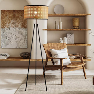 Bamboo rattan lamp close-up — minimalist indoor detail