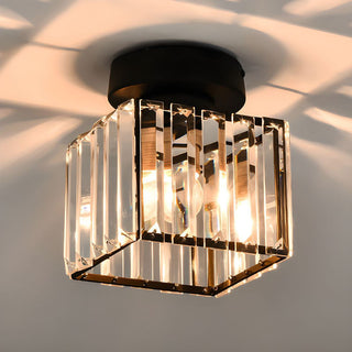 Modern black ceiling light close-up, crystal shade semi-flush
