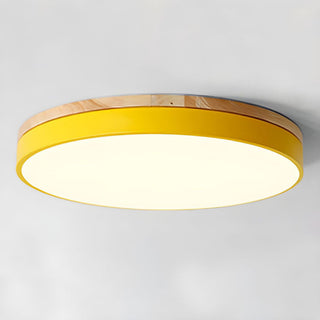 Round wooden flush mount LED ceiling light – three color changing modes
