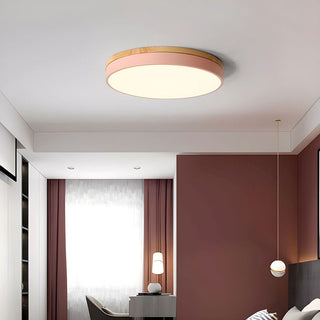Round Scandinavian LED ceiling lamp – wooden frame, dining room