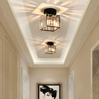 Black semi-flush ceiling light with crystal shade, modern hallway
