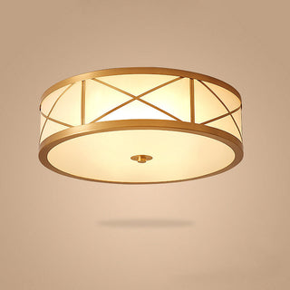 Antique Glass Drum Light - Brass & Glass Ceiling Light Fixture With Geometric Pattern