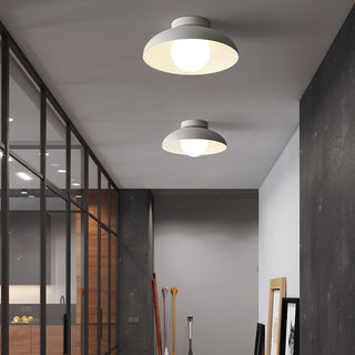 White metal round ceiling lamp from below, minimalist flush mount