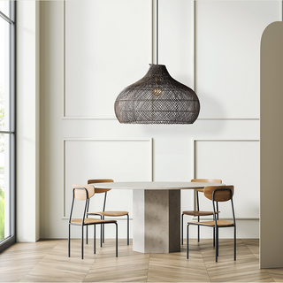 Modern rattan pendant with handwoven cage shade — kitchen