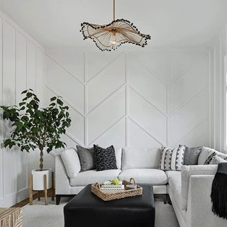 Rattan wave pendant in interior — modern boho ceiling lamp