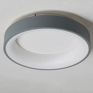 Modern grey Scandinavian ceiling lamp close-up, round flush mount