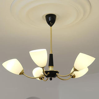 Modern black chandelier ambient — medieval brass glass warm glow