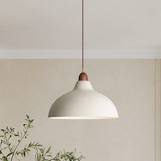 Pendant with wood-finish pot shade and metal hardware