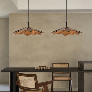 Boho rattan ceiling lamp detail — LED adjustable pendant fixture