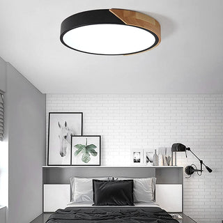 Dimmable wood ceiling lamp, modern round LED flush mount