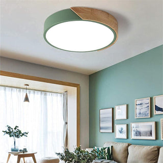 Wood round LED ceiling fixture, modern dimmable flush mount