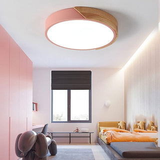 Modern wood ceiling lamp close-up, dimmable round LED