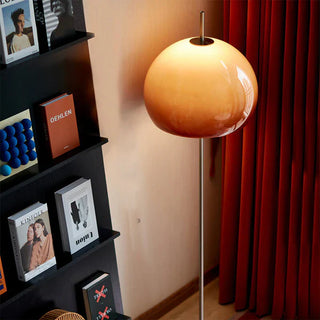 Vintage mushroom floor lamp illuminated — glass iron warm