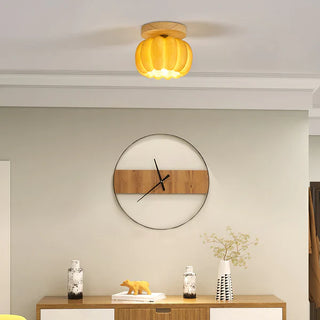 Yellow pumpkin resin ceiling light, modern wood cozy ambient fixture