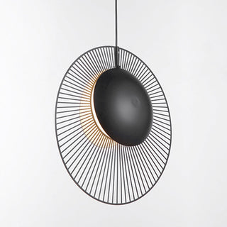 Black minimalist dining pendant in interior — modern metal ceiling lamp