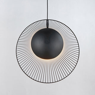 Modern black pendant light side view — minimalist metal hanging fixture
