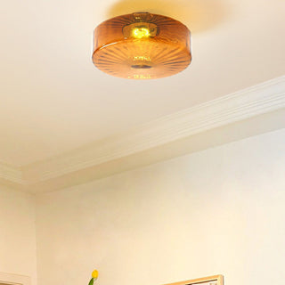 Medieval style ceiling lamp with corrugated glass and dark iron frame