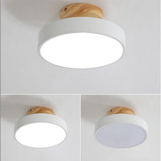 Wooden ceiling light illuminated, warm LED glow with natural wood