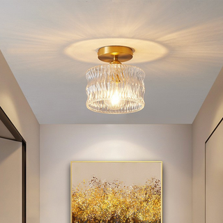 Vintage crystal clear glass ceiling light, warm ambient hallway
