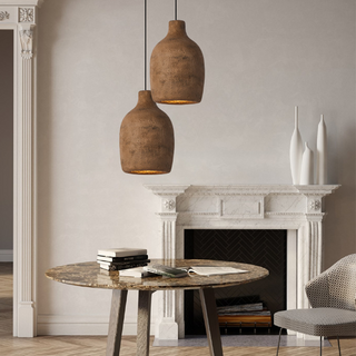 Artistic pottery pendant in interior — postmodern gray lamp