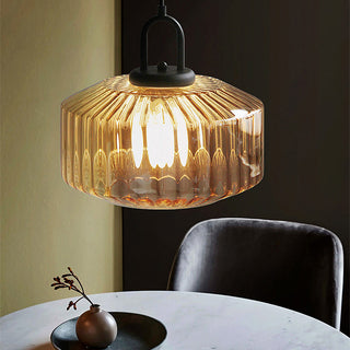Mid Century Pendant Light – Striped Glass Lamp with E27 Bulb Base for Living Room