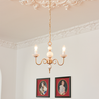 Vintage cream glass chandelier illuminated — metal soft warm dining