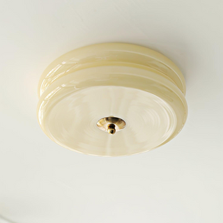 Art Deco Ceiling Light - LED Cream Cake Lamp With Glass Shade & Jade Finish