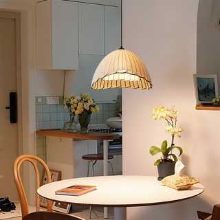 Modern pendant with natural linen shade and chrome hardware