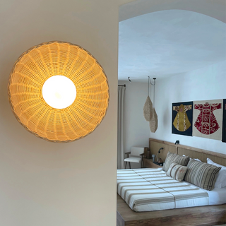 Bamboo rattan glass globe wall sconce detail — rustic eco