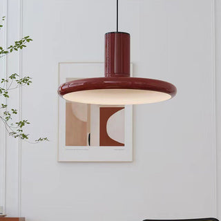 Adjustable cord red metal pendant side view — saucer dining lamp