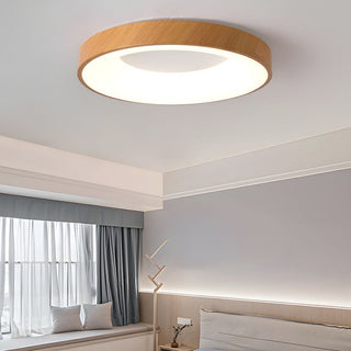 Round natural wood ceiling lamp, warm LED ambient lighting