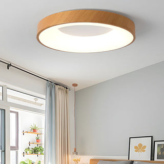 Wood round LED ceiling fixture, warm natural ambient light
