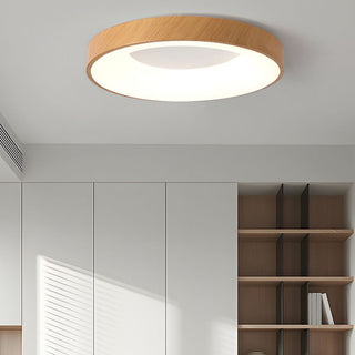 Natural wood ceiling fixture illuminated, round warm LED