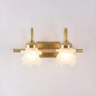 Brass glass gold vanity wall sconce detail — luxury bathroom