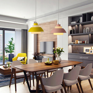 Aluminium pendant lamp in interior — minimalist ceiling light