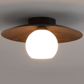 Natural wood ceiling light in bedroom, warm modern glow