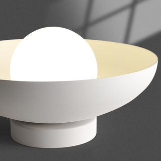 Round white minimalist metal ceiling lamp installed, living room