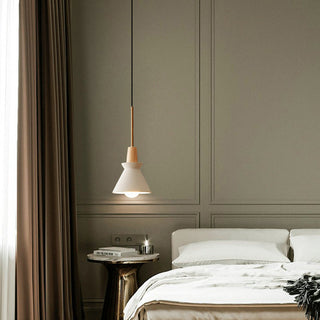 Concrete pendant lamp with white cone shade