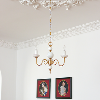 Vintage cream chandelier side — metal glass soft warm dining glow
