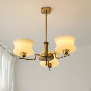 Gold finish brass chandelier glass pendant dining room view