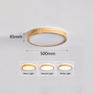 Wood LED round frame ceiling light – natural living room