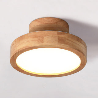 Contemporary wood LED ceiling fixture installed, round sleek